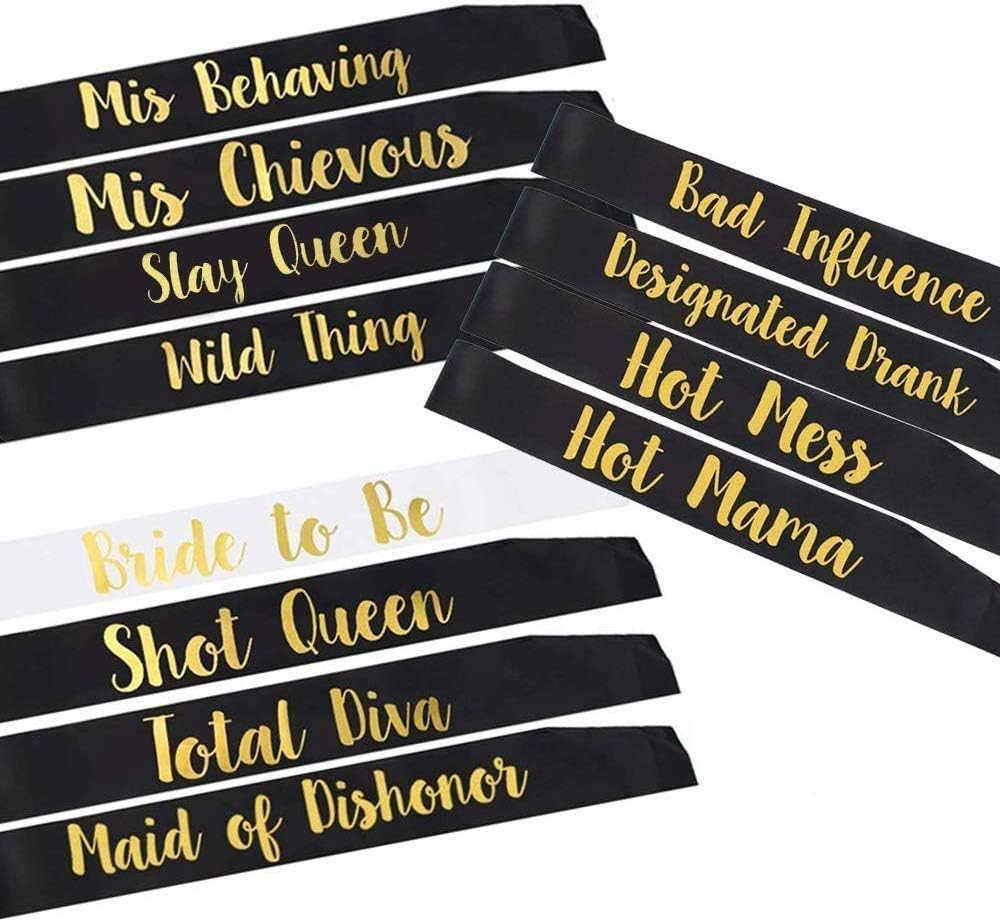 YZDING 12 Pcs Bride To Be Sash Bachelorette Party Decorations- Unique Bride And Bridesmaid Sashes For Bachelorette party (Black, Gold letters)