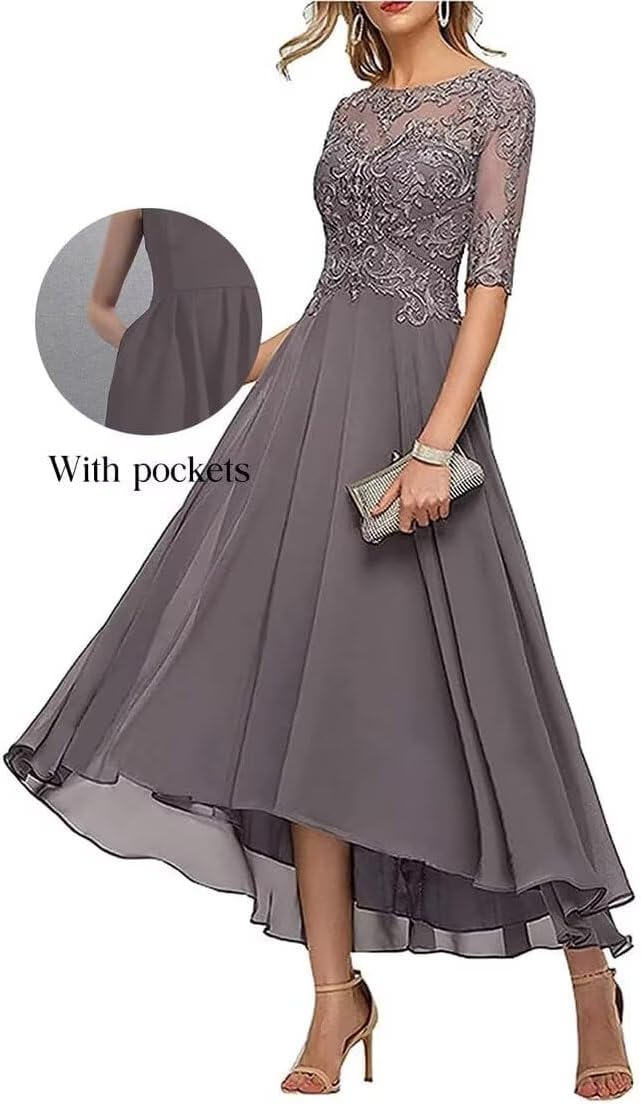 ALEESHUO Tea Length Chiffon Mother of The Bride Dresses with Half Sleeve Lace Applique Formal Dress for Wedding FLP109 - Image 5