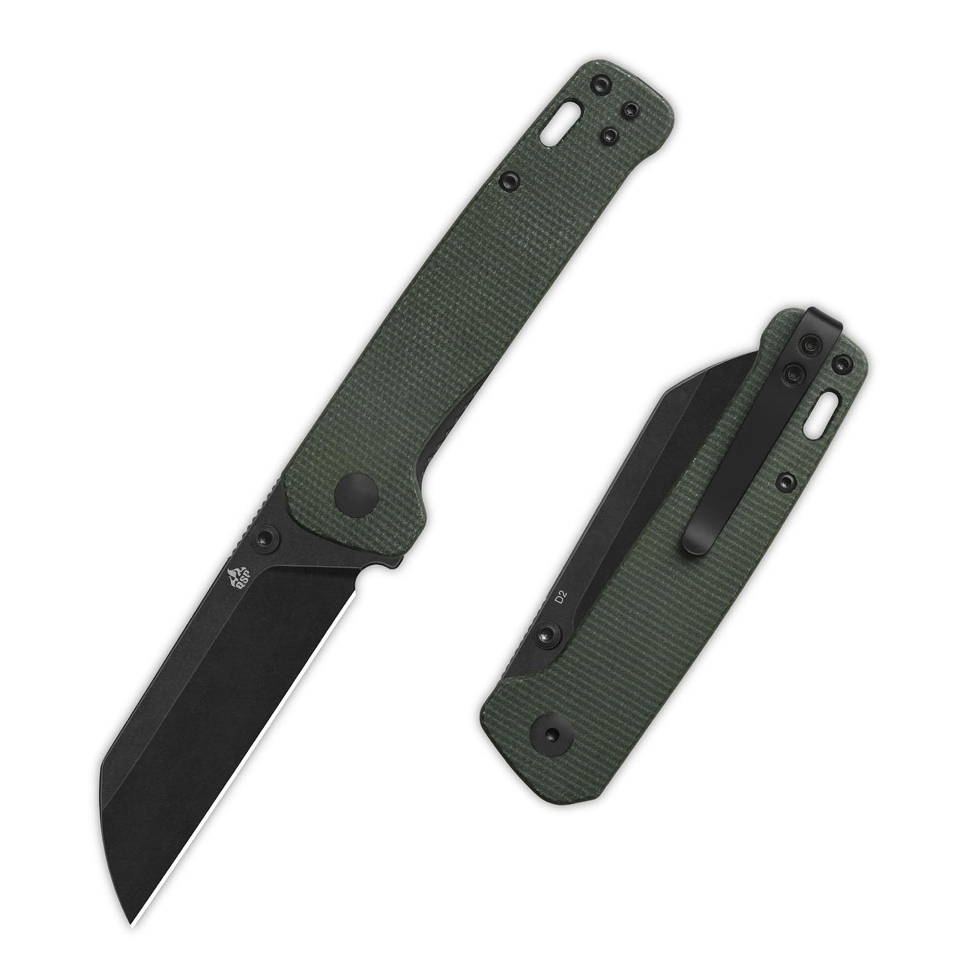 QSP Penguin V2 Folding Pocket Knife, 3.06" D2 Black Stonewash Blade EDC Knife, Green Micarta Handle, Liner Lock, Ceramic Ball Bearings, Reversible SS