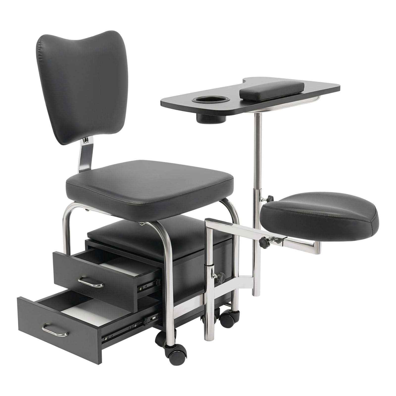 Taburete giratorio de manicura, reposapiés ajustable y soporte para manos, silla de pedicura móvil con ruedas, cómodo respaldo de esponja, taburete de masaje para spa de belleza
