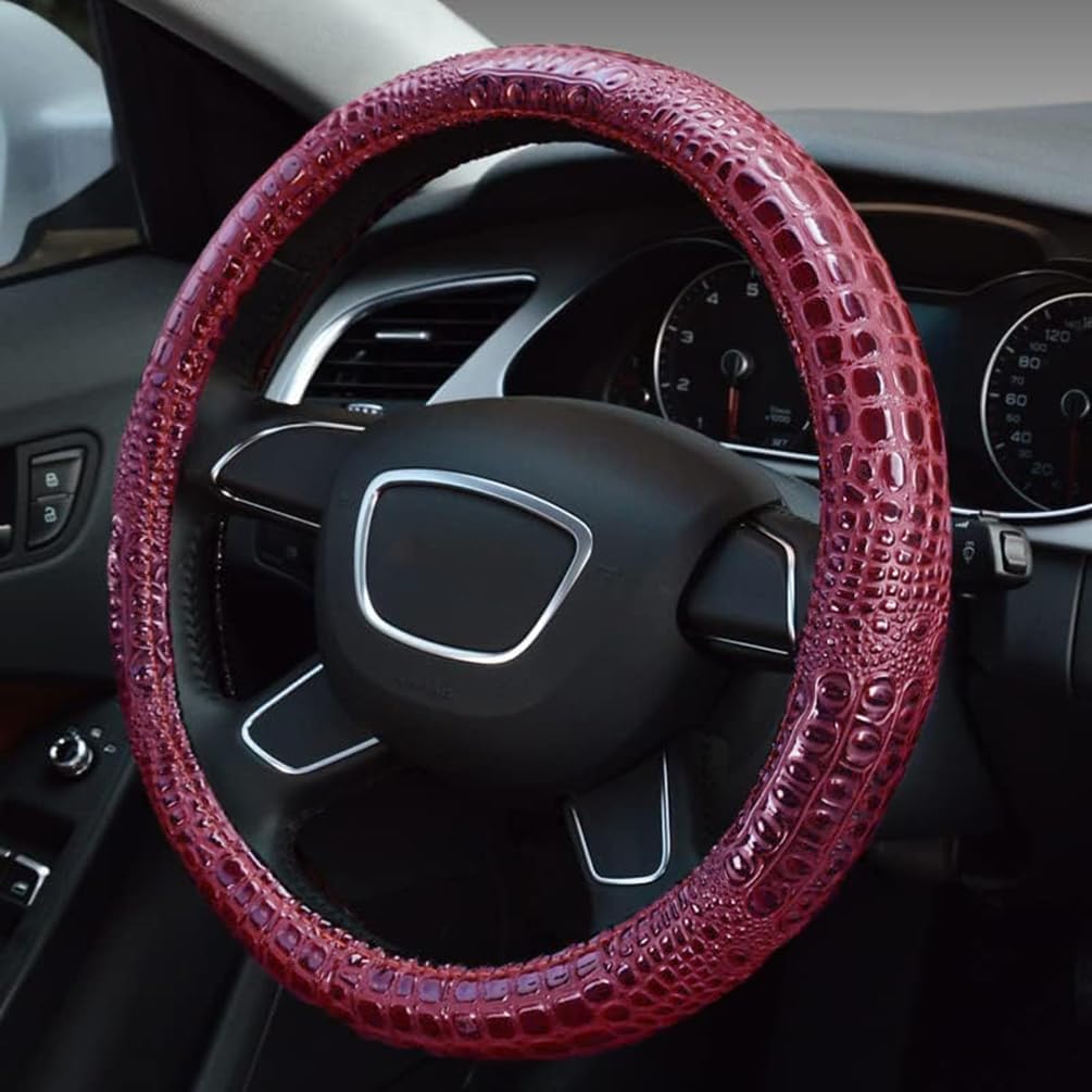 Crocodile Grain Leather Four Seasons Universal Car Steering Wheel Cover Sport Cute Handle Case for Men Auto Interior Accessories, Brown
