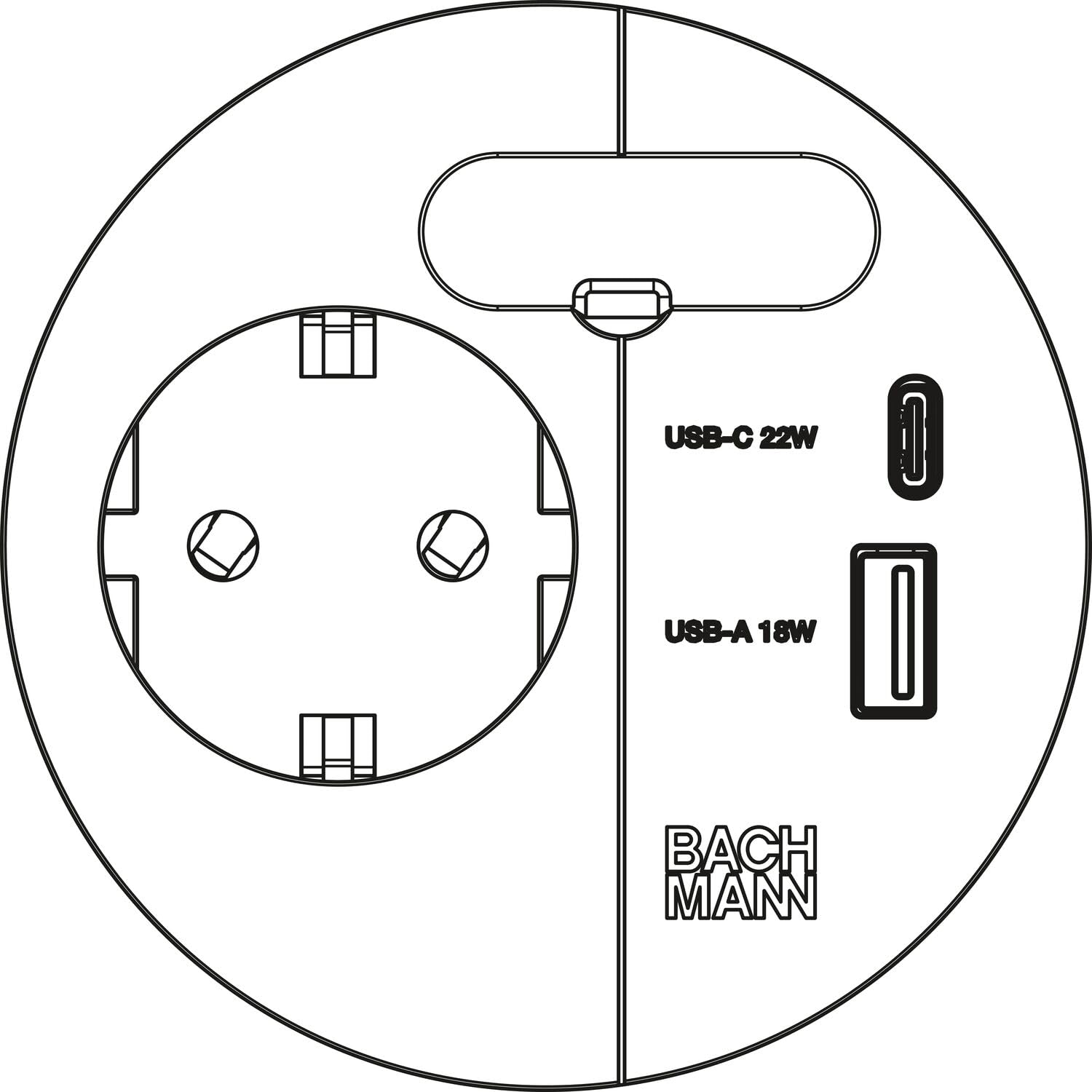 BACHMANN Presa da incasso LOOP IN CHARGE 1 presa 1 presa USB A/C 22 W con passacavo 2 m cavo di alimentazione per ufficio, sala riunioni e spazio abitativo in nero 938.201
