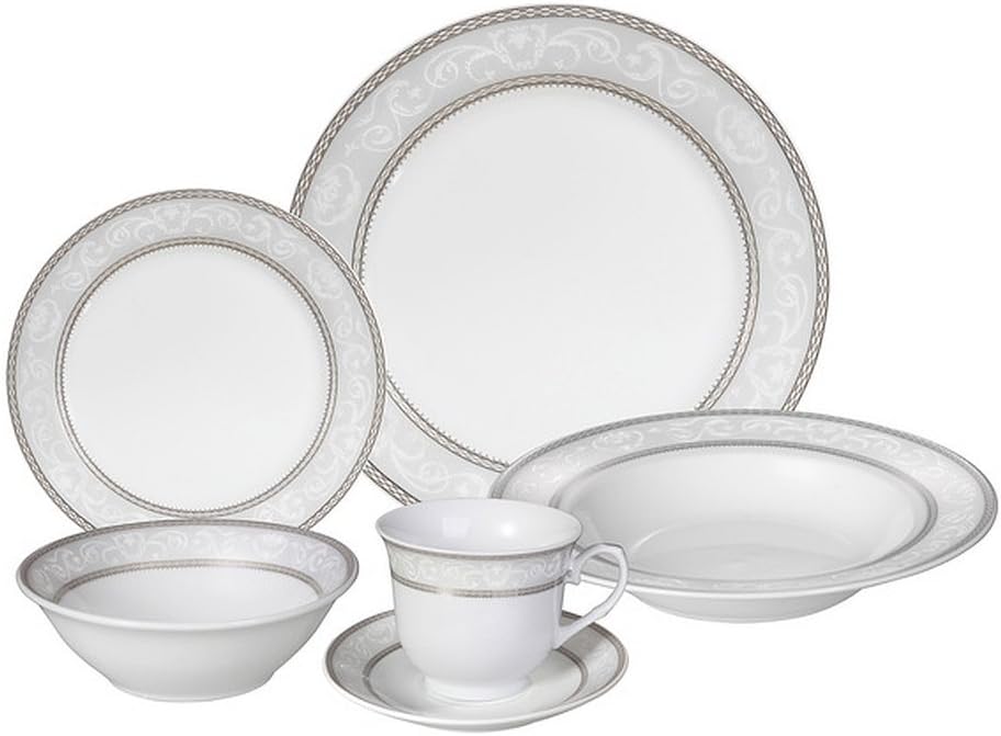 24-Piece Elegant Silver/White Porcelain Dishwasher Safe Dinnerware Set (Service For 4)