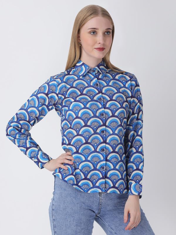 Image of For U Women Blue Cotton Printed Shirt