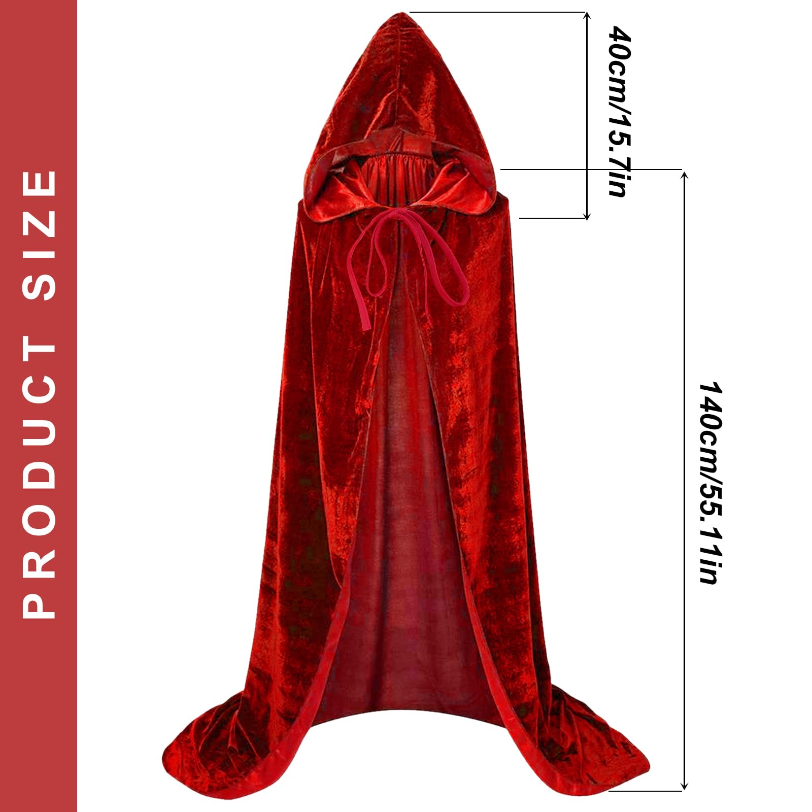 FUIPVGI 140 cm/55" Red Cloak,Grim Reaper Costume,Grim Reaper Costume,Cape Halloween Hooded Cape Witch Cosplay,for Adult Kids Halloween Vampire Fancy Dress Role Play Cosplay (Red) - Image 2