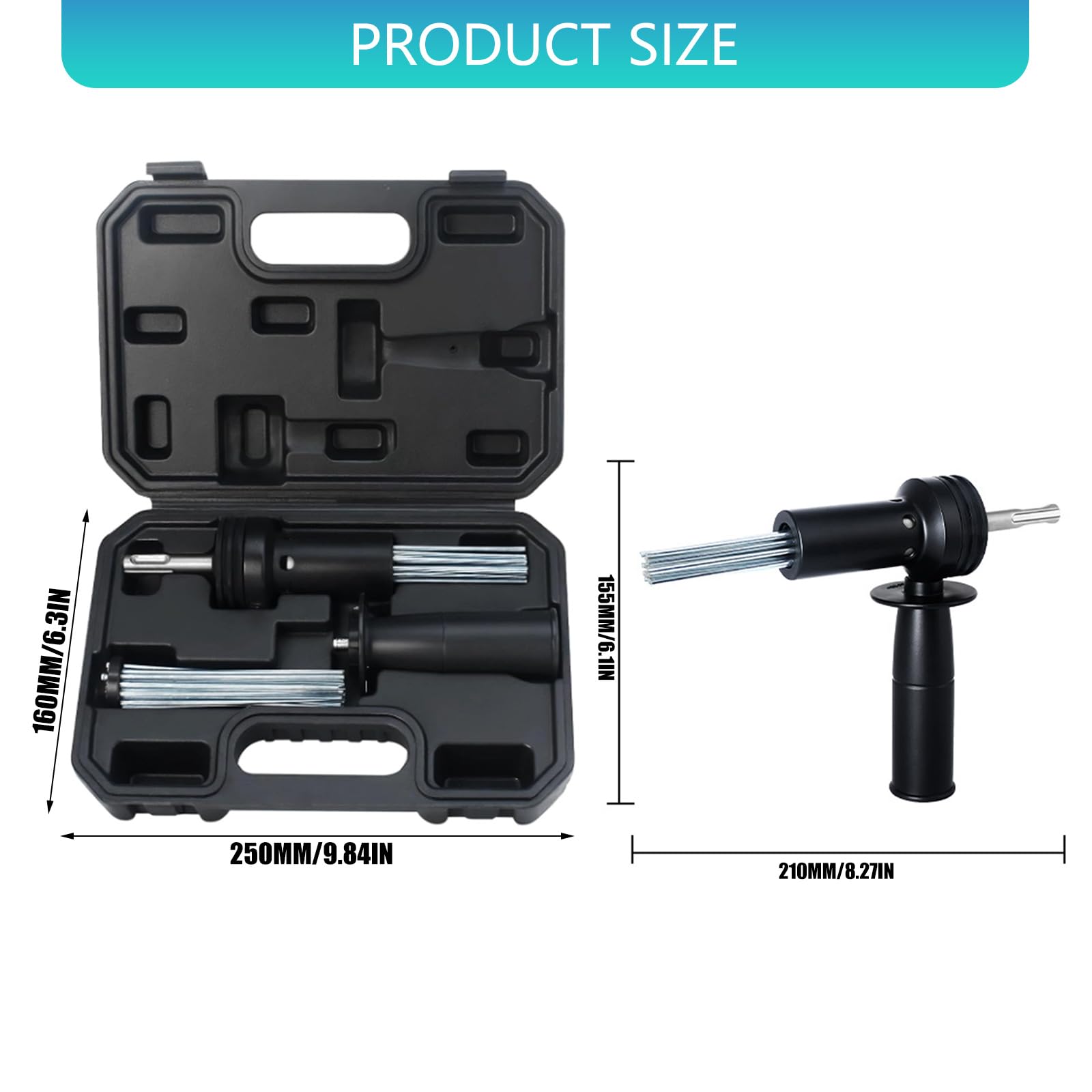 Herramienta robusta de 1 pieza para eliminar las rebabas y trabajos de hormigón. Adecuado para taladros de martillo, incluye protección de seguridad. Varios insertos de aguja