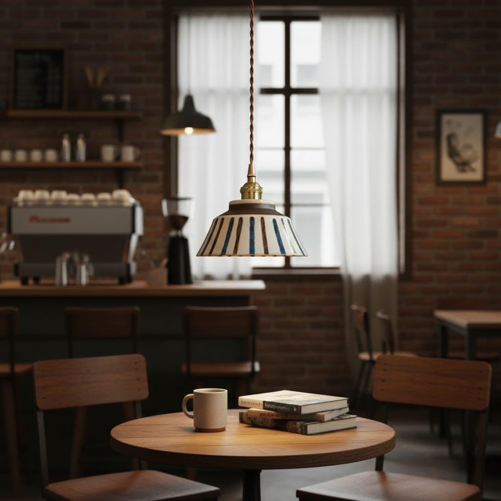 Lampada a sospensione in ceramica retrò in ottone, luce a strisce