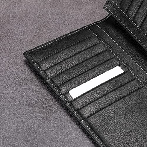 Image of HISCOW Full Grain Leather Men's Long Wallet, 15 Card Slots, Vintage Black, One Size, Classic | Gusseted bill compartment, tall bifold design, clear ID window, ideal for coat pockets or briefcases, turned-edge, gift box