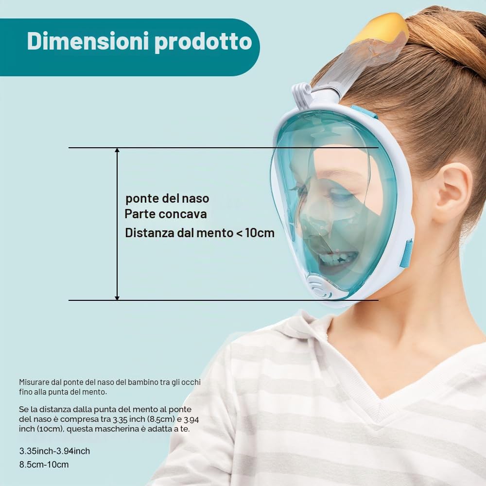 Maschera Snorkeling Bambini, Maschera Subacquea con Visuale Panoramica 180° Design Anti-Appannamento Anti-Infiltrazioni con Supporto di Action Cam per Il Nuoto e Le Immersioni, Verde