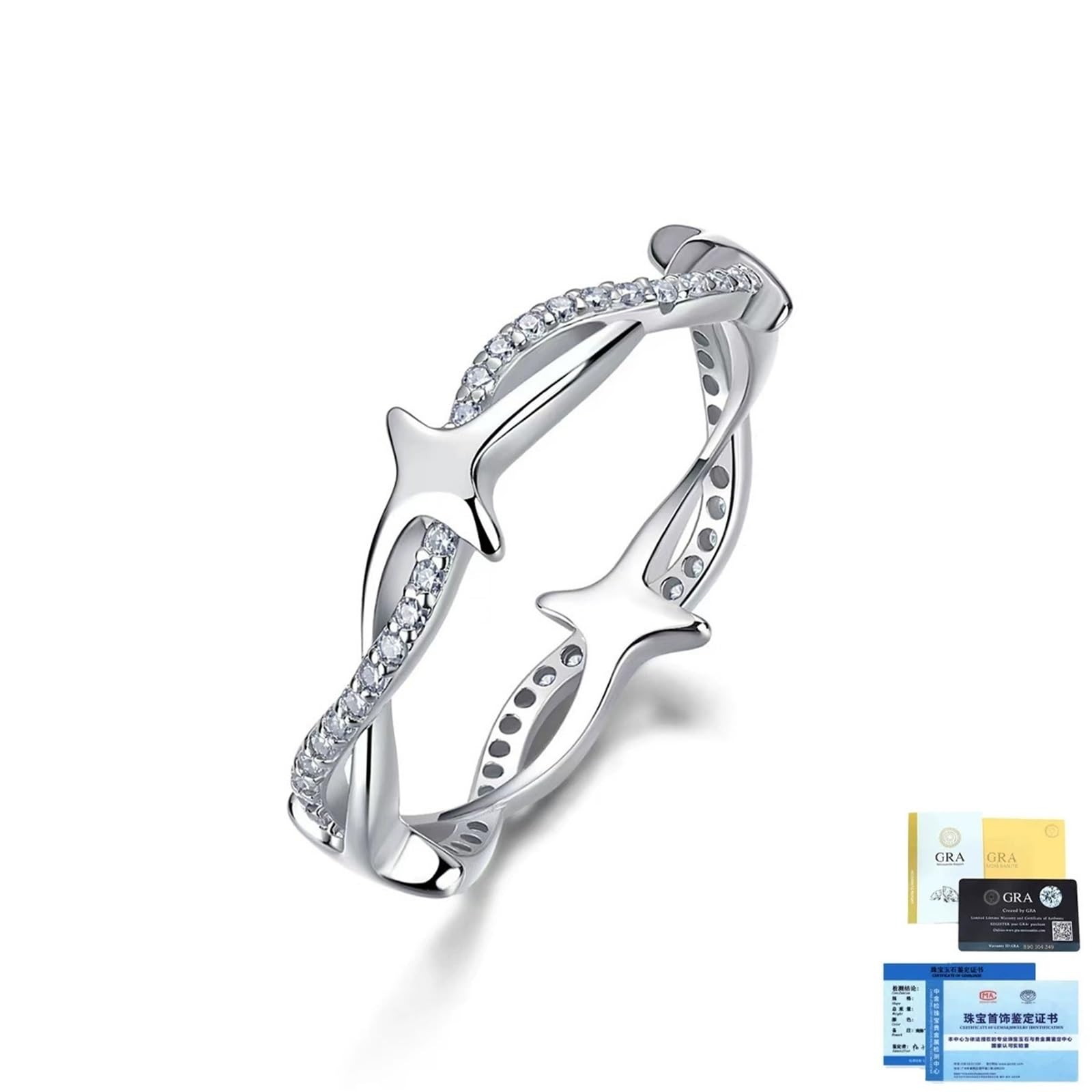 Anillo de moissanita de Doble Estrella retorcida de Plata de Ley 925