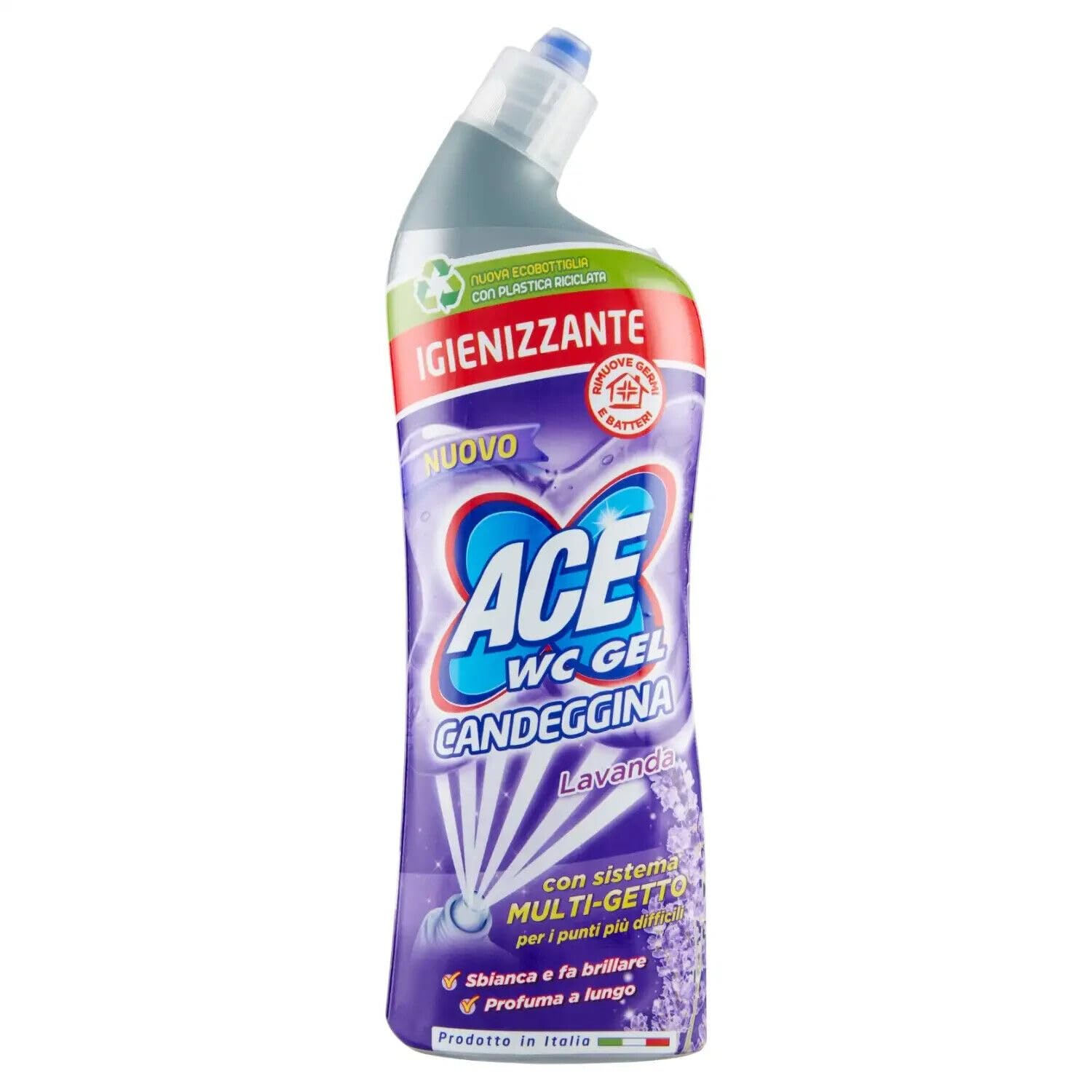 Confezione da 12 gel ACE Wc con Candeggina Lavanda, detergente per WC con candeggina, profumo di lavanda, 700 ml + 1 polvere di talco FELCE AZZURRA
