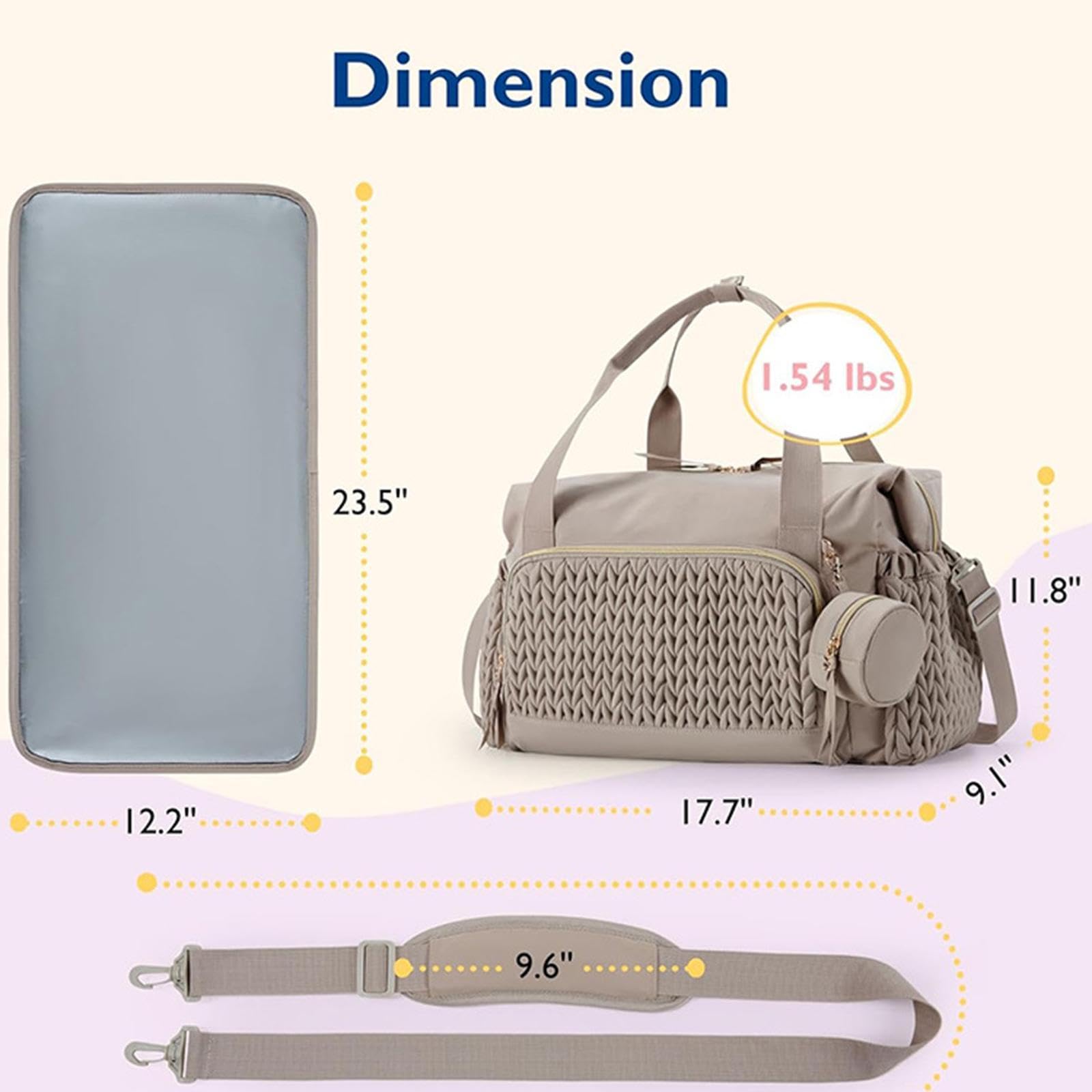 Sac à Langer Tote Organisateur Compartiments Multiples Bébé Nylon Pochette Sucette Amovible Bandoulière Réglable pour Femmes Transport Travail, Brun