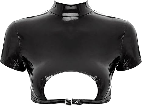 QinCiao Women's Latex Crop Tops Mock Neck Hollow Out Corset Short QinCiao Women's Latex Crop Tops Mock Neck Hollow Out Corset Short