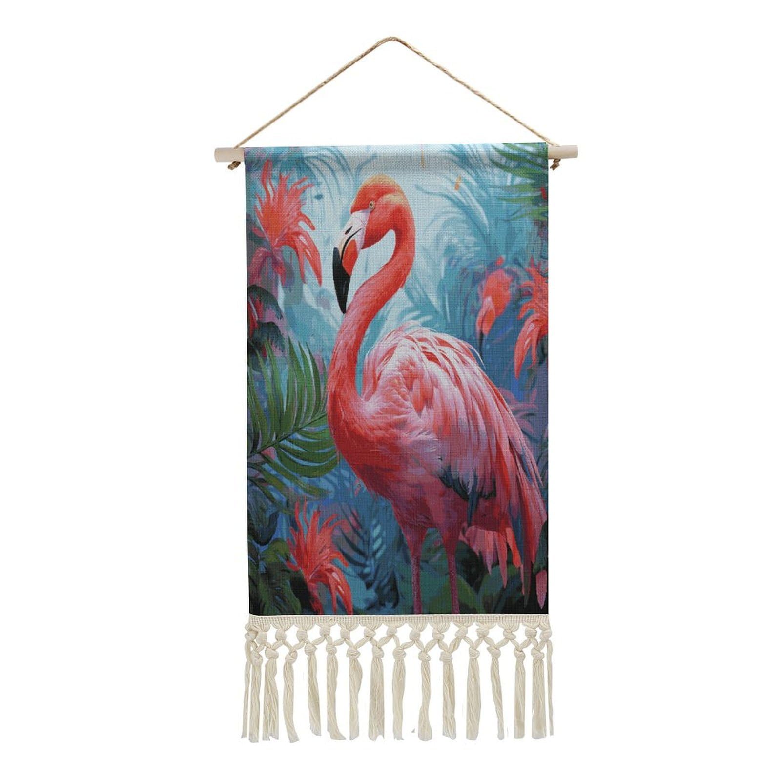 FekiLoot Painted Flamingo Wall Art Print Decor Art Tapestry with Tassel Cotton Linen Hanging Poster Vintage Aesthetic Wall Art Poster Rustic Wall Art Decor for Home Bedroom Living Room Office