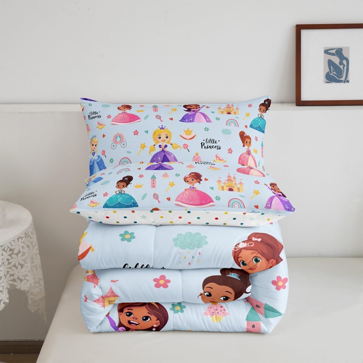 Erosebridal Kids Magical Princess Toddler Bedding Set, Baby Blue Castle Soft Bed Set for Bedroom, Cartoon Kawaii Princess Breathable Quilt Set for Girl, Cute Girly Rainbow Down Comforter