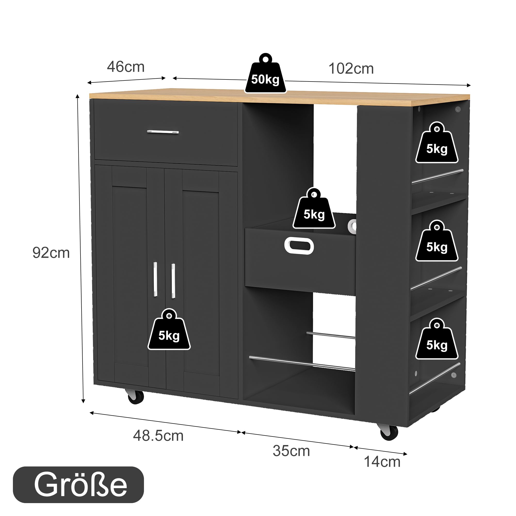 Wózek kuchenny z dębowym blatem roboczym 102 x 46 x 92 cm, wózek z półką boczną, kredens, wyspa kuchenna, szafka kuchenna i wózek do serwowania na kółkach, mobilny wózek do przechowywania w