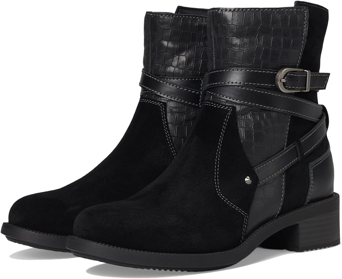 Women Low Stacked Heel Western Ankle Booties Crocodile Suede Round Toe Short Chelsea Boots Side Zipper Chunky Block Heels Combat Boots Buckle Strappy Patchwork Fall Winter Retro 4-11 M US