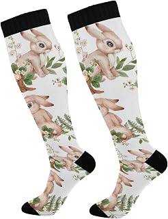 501 Compression Socks Watercolor Rabbits And Fern Crew Socks Light Weight Calf Socks Comfortable Sports Socks For Walking Outdoor Women 40cm