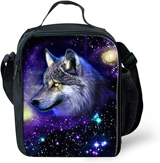 Dellukee School Lunch Bag For Kids Soft Boys Girls Adjustable Shoulder Strap Durable Handbag Tote Bag Reusable Insulated Lunch Box With Zipper Starry Sky Wolf Print
