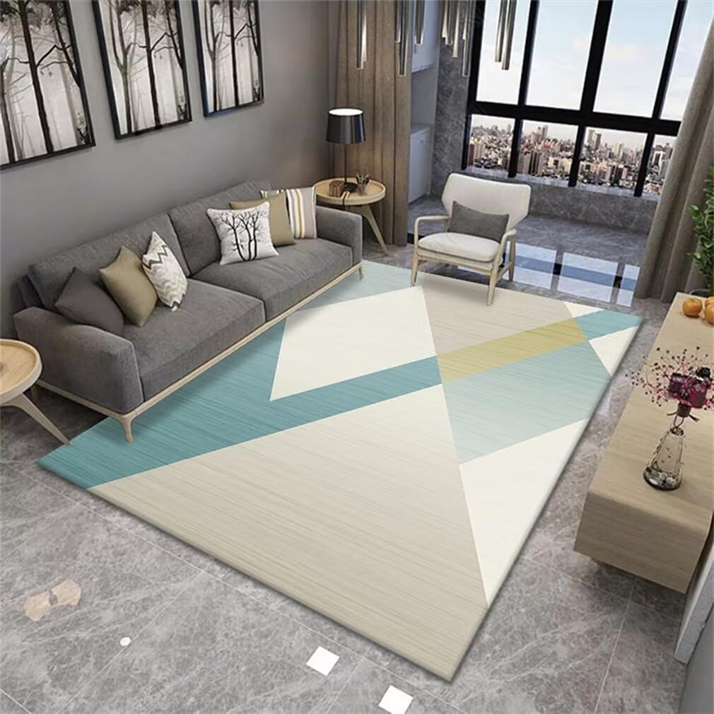 Tapis pour chambre ne se fanant pas, style géométrique bleu gris