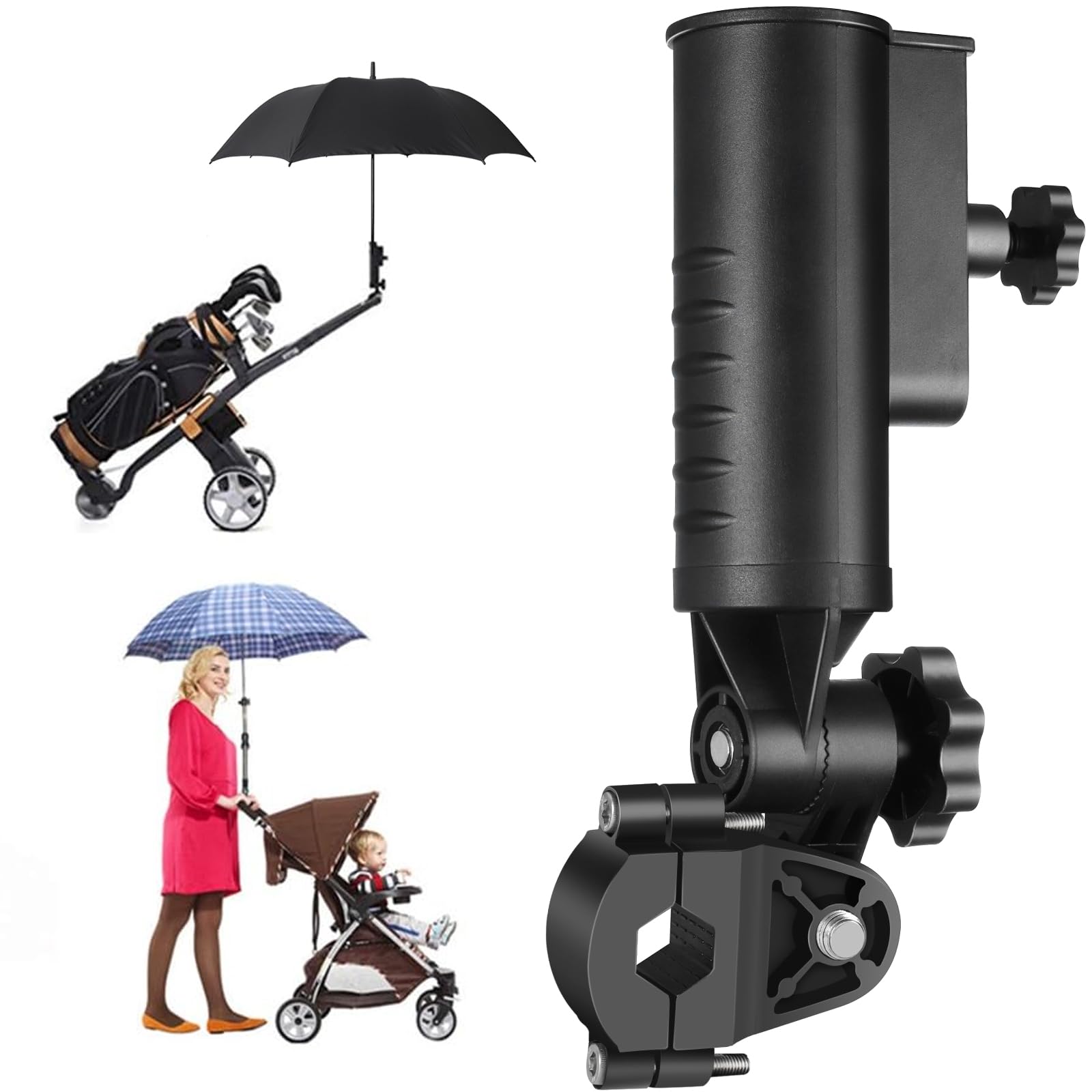 Heavy Duty Golf Push Cart Umbrella Holder, Aluminium Alloy Base Ultra Windproof, Universal Umbrella Attachment Stand for Stroller, Golf Cart, Mobility Scooter, Wheelchair, Bike, Beach Chair