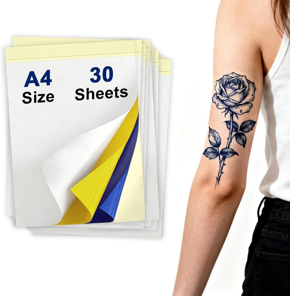 Tattoo Transfer Paper – A4 Size, 30 Sheets – Tattoo Stencil Paper for Thermal Tattoo Transfer Kit – Carbon Copy Tracing Paper for Machine & Hand Use – Tattoo Supplies