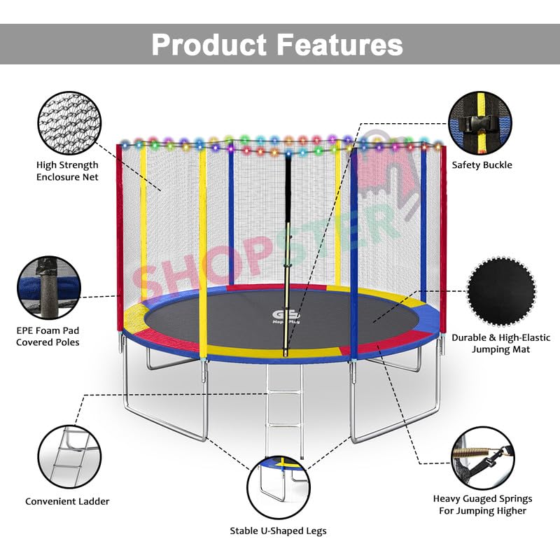 Image of Shopster Festive Edition 12 feet Heavy-Duty Jumping Trampoline for Adults & Kids with Safety Net, Remote-Control Waterproof LED Lights - Perfect for Indoor & Outdoor, Bouncer, Supports Upto 200kg