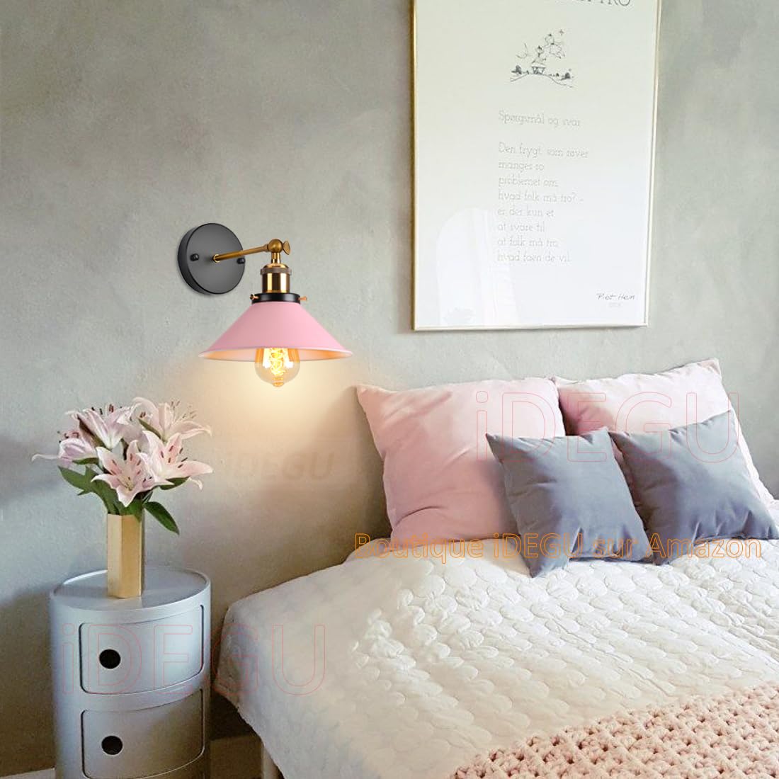 iDEGU 2 Pezzi Lampade da Parete Vintage, 22cm Applique da Parete Retrò Lampadario Plafoniera E27 Illuminazione da Parete Moderna per Camera da Letto, Soggiorno, Camera per Bambini (Rosa)