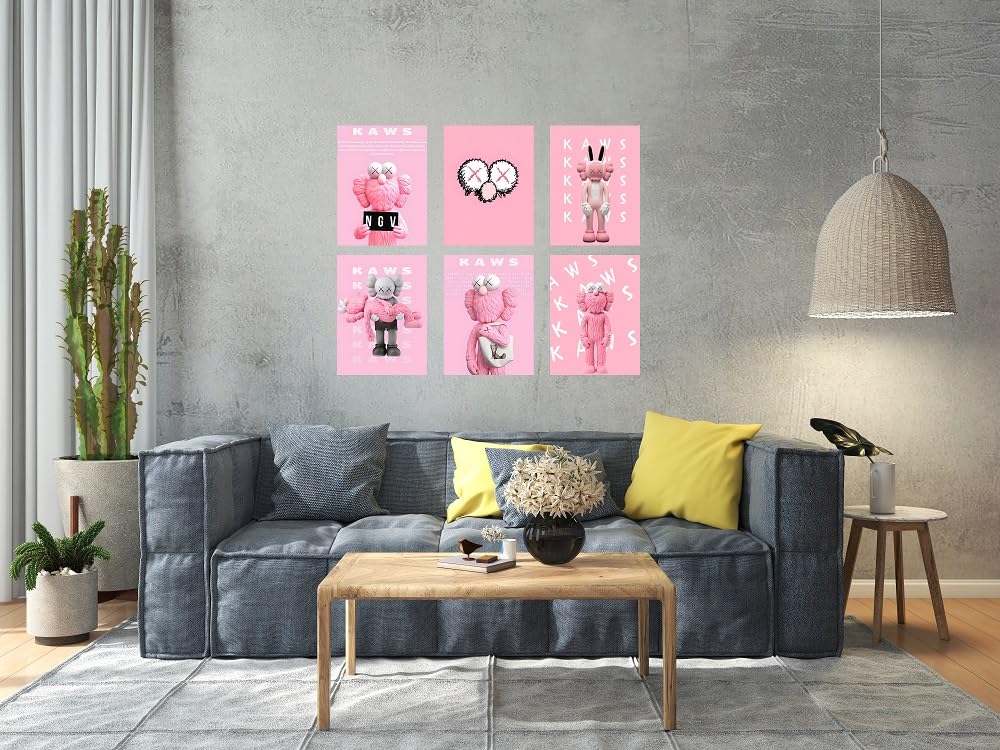 Print A To Z® Pink Kaws Poster, Kaws Wall Art, UNFRAMED Set of 6 ( 8''