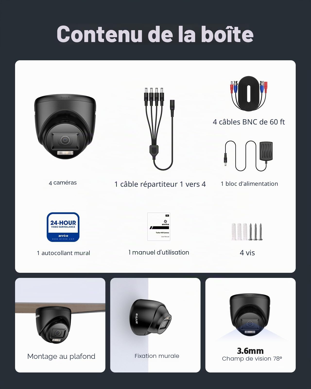 ANNKE Lot de 4 caméras de surveillance HD-TVI 1080p pour la maison, vision nocturne 2 MP, vision nocturne couleur intelligente, boîtier étanche IP67