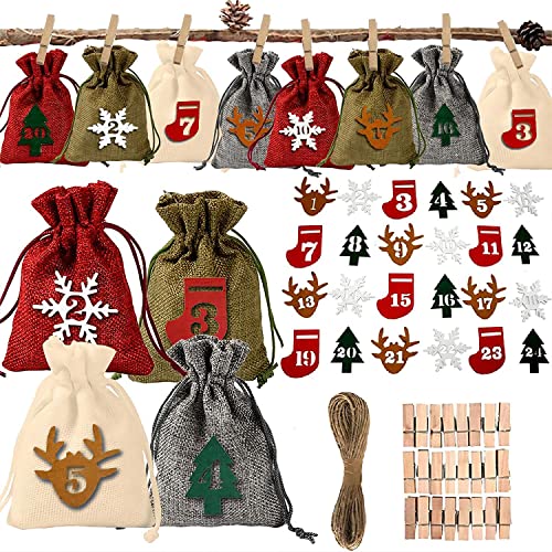 DIY Weihnachtskalender gefüllt mit Stofftasche, Kinder Ankunft Kalender Set, große Weihnachtsgeschenktasche mit 24-Weihnachtsnummern Filz Aufkleber Jute Tasche, geeignet für Erwachsene und Kinder Cover