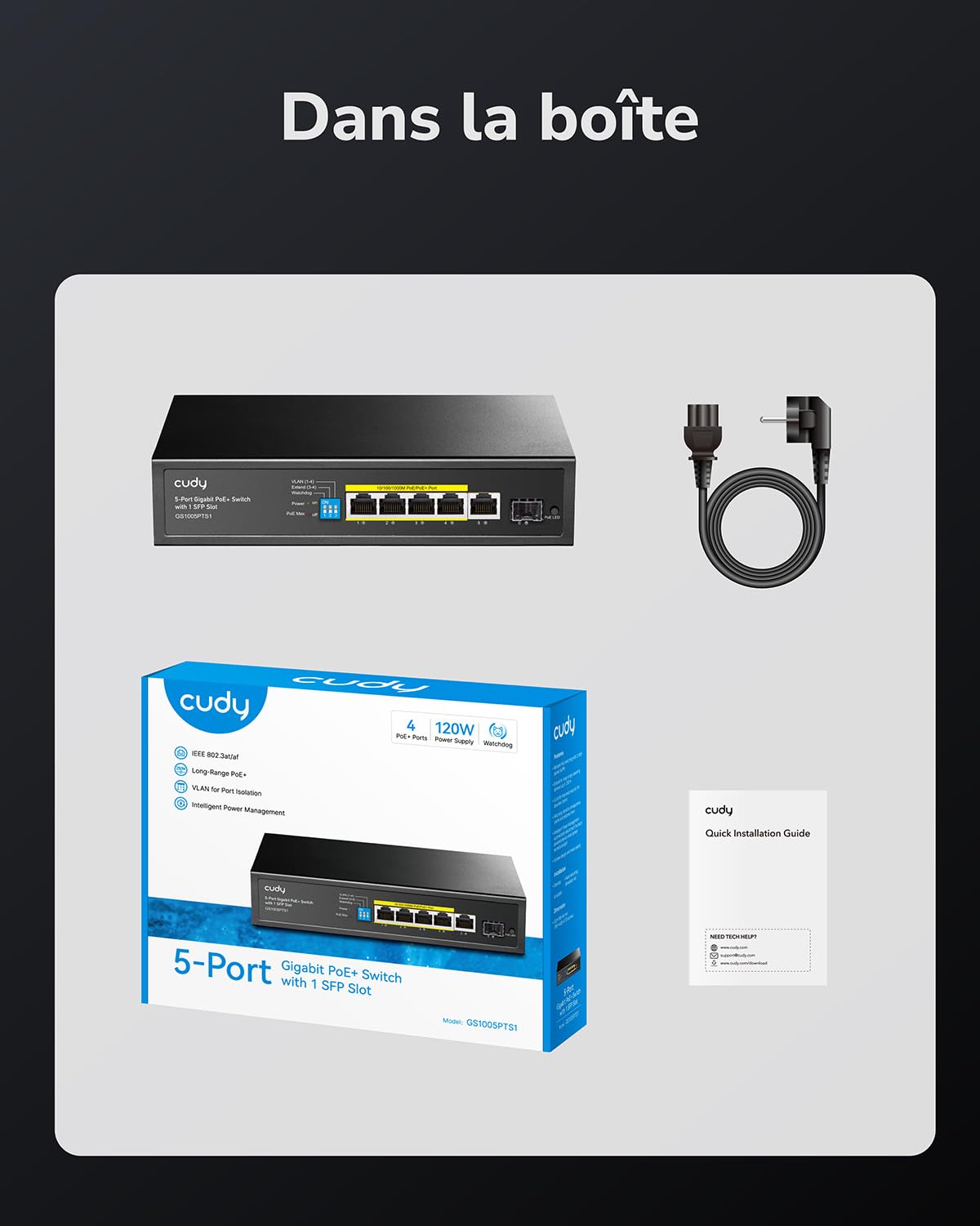 Cudy Commutateur Gigabit PoE+ 5 Ports 120 W, PoE Switch, Port 1 60 W, 4 Ports PoE, 802.3 at/AF, VLAN, Extension à 250 mètres, Non Pris en Charge 802.3bt, GS1005PTS1 | 4 ports GbE 802.3af/at avec Hi-PoE P1, 1 port GbE en amont, 1 port fibre optique, budget