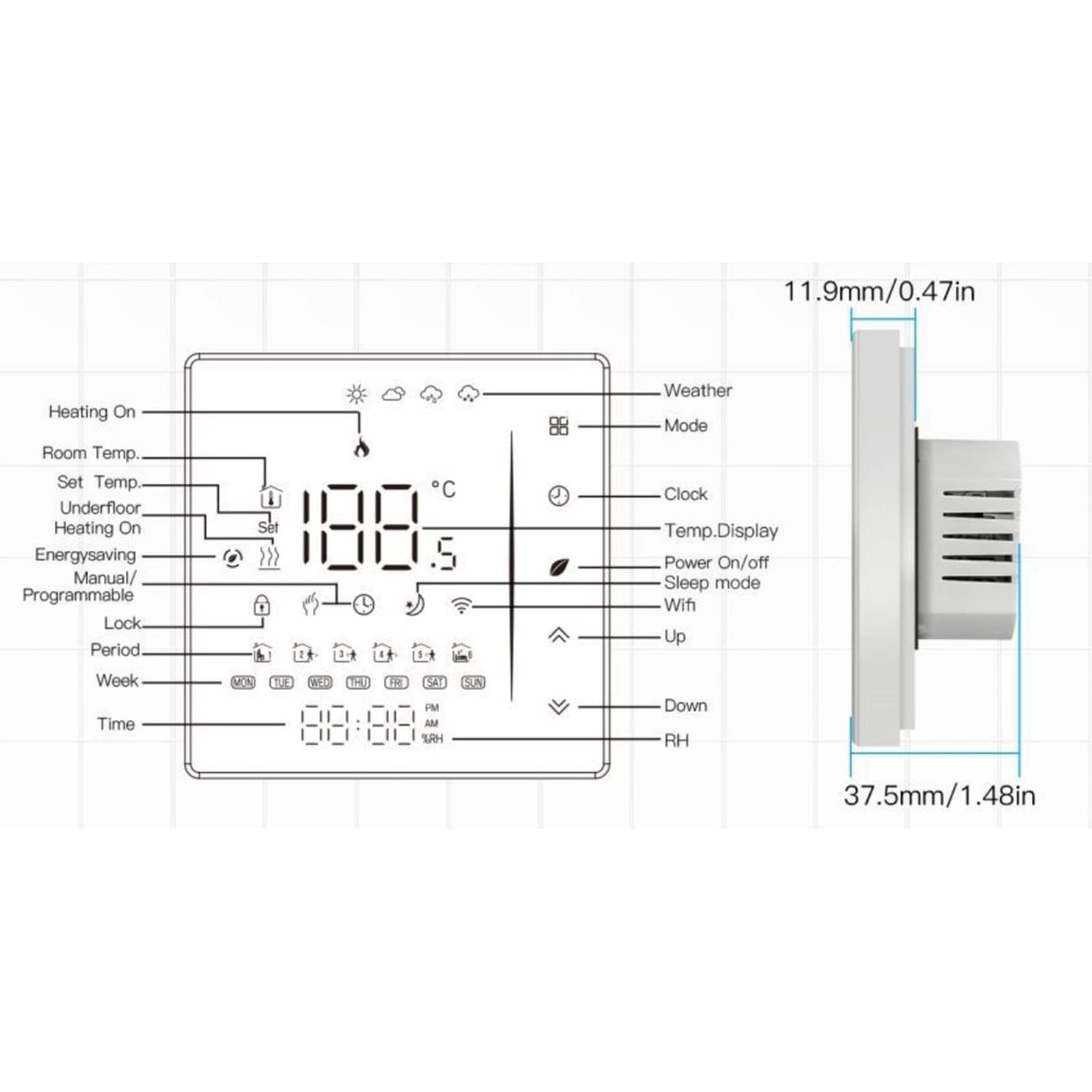 Aramox Inteligentny Termostat, Programowalny Regulator Temperatury z PC ABS, Sterowanie Głosowe z Aplikacji od 95 do 240 V 16 A, Termostat Ogrzewania Podłogowego od 41 do 95°F Domowego Biura w Hotelu