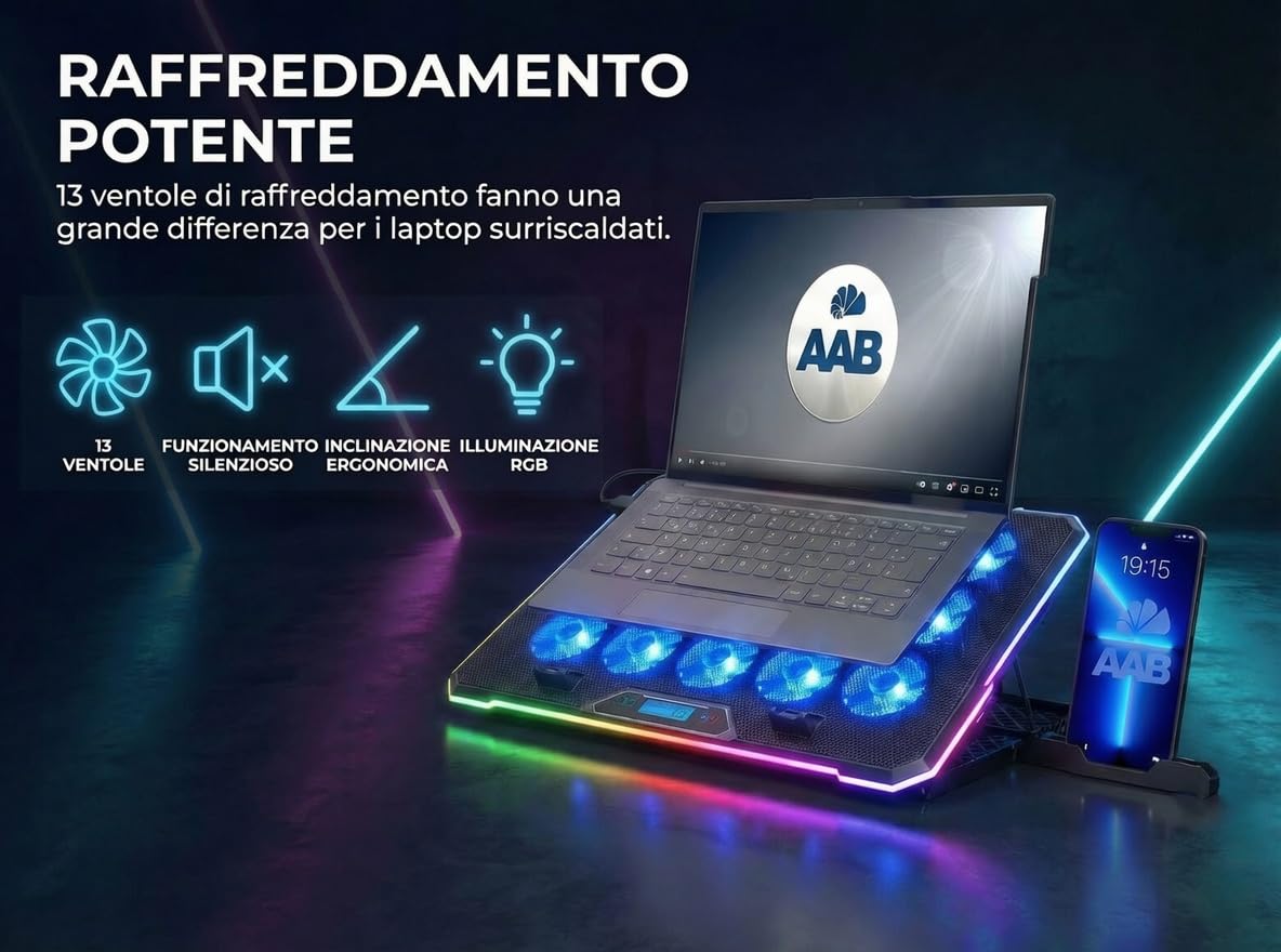 AABCOOLING QUANTUM - Ventola PC Portatile da 9-17" con Supporto per Telefono, 13 Ventole Silenziose ed Efficienti, Base Raffreddamento, 9 Livelli di Altezza, Supporto Notebook, Laptop Stand RGB