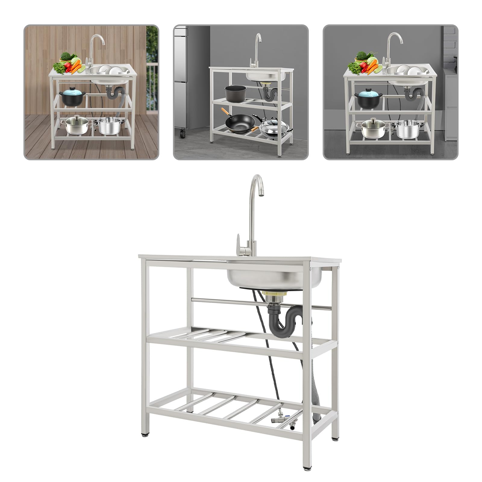 Lavello in acciaio inox freestanding 75 x 40 x 78 cm Lavello da banco