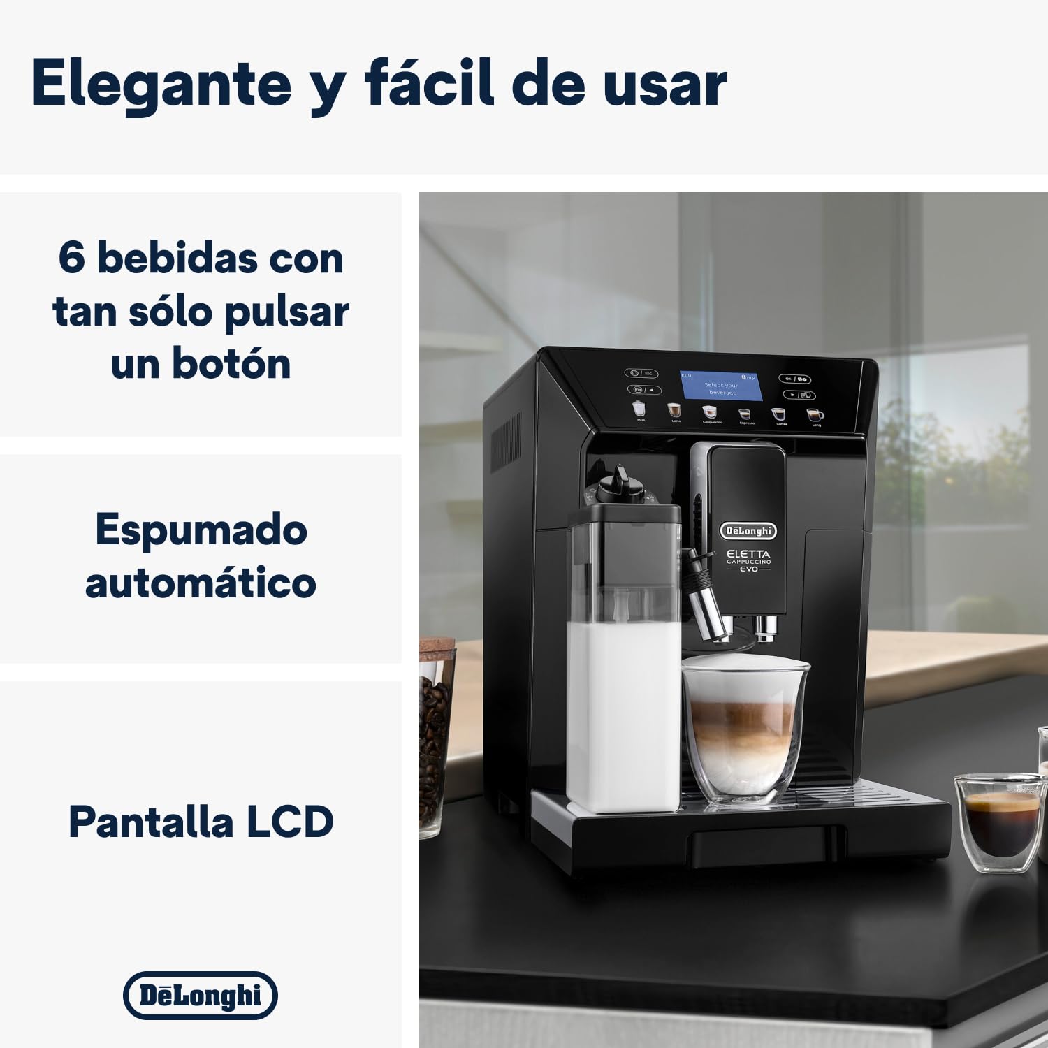De'Longhi Eletta Cappuccino, Máquina Automática de Café en Grano, Espresso, Cafetera, ECAM46.860.B, Negro