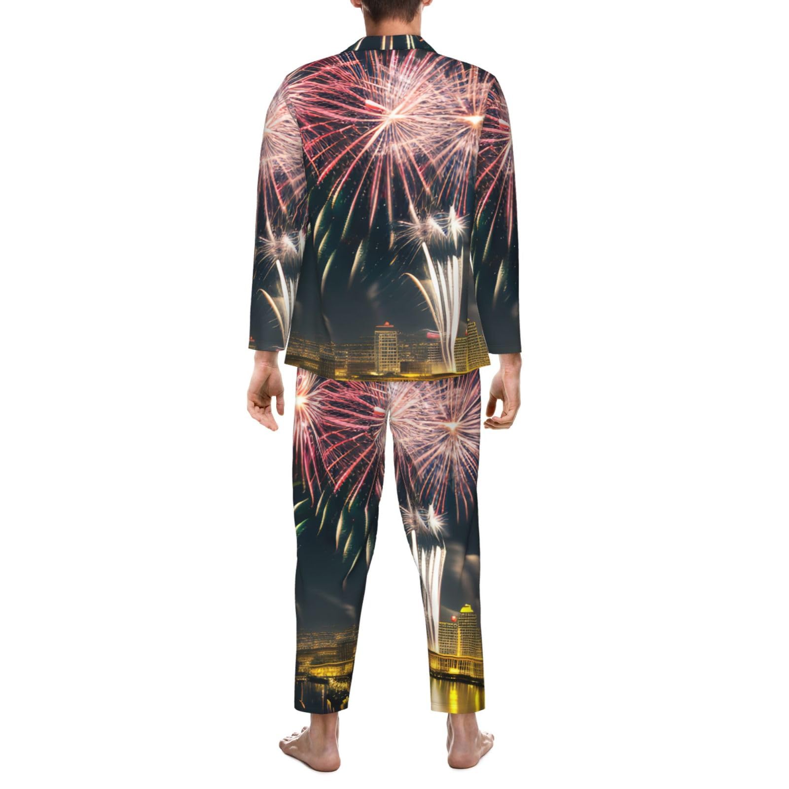 Herren-Pyjama-Set mit Feuerwerk-Muster, langärmelig, zweiteilig, Hauskleidung, bequeme Nachtwäsche