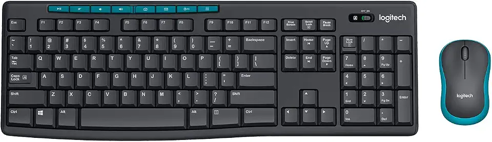 Logitech MK275 Wireless Keyboard and Mouse Set, Full-Size Membrane, QWERTY, Black, 2.4GHz RF, USB, Windows PC, 104 Keys, 3 AA Batteries (Keyboard), 1 AA Battery (Mouse), Ambidextrous, 10-Meter Range