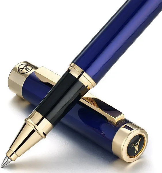 MCNTEIK Luxury Rollerball Pen - Stunning Blue Lacquer Pen, 24K Gold Finish, Schmidt Black Refill, Best Pen Gift Set for Men & Women, Office, Professional, Executive, Office, Nice Fancy Designer Pens