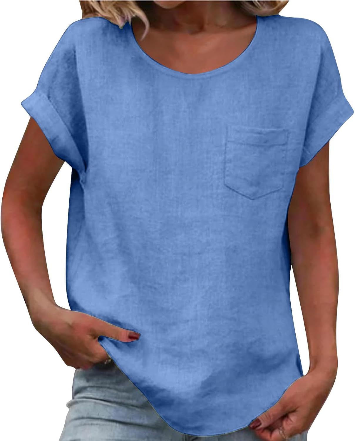 Womens Cotton Linen Short-Sleeve T-Shirt with Pockets Breathable Casual Top, Comfort Everyday Blouse with Side Pockets