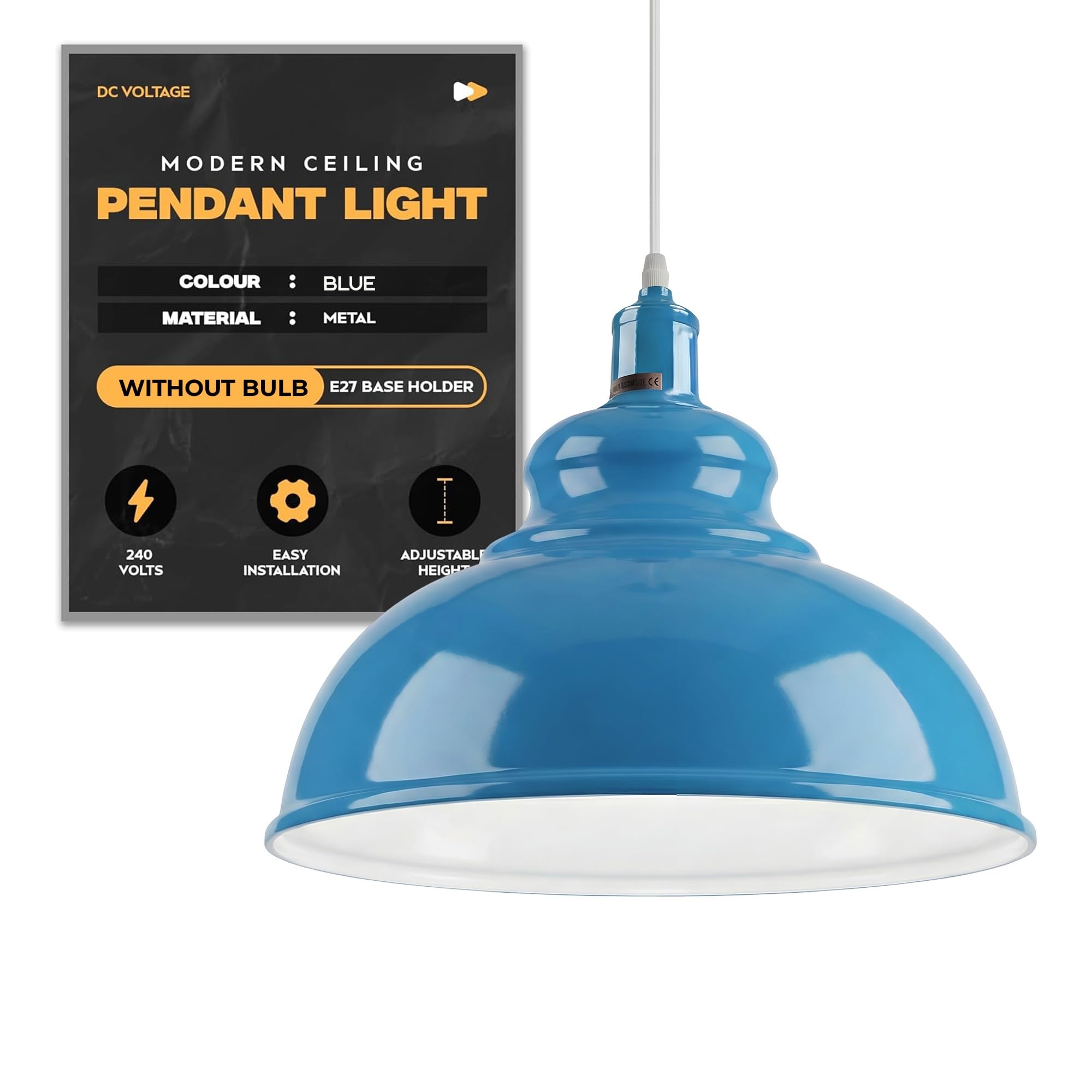 DC Voltage Modern Ceiling Pendant Light Blue Metal Lampshade Easy Fit E27 Base with Adjustable Cable Hanging Light Fitting for Kitchen Living Room Bedroom Restaurant Office Bar — image 1