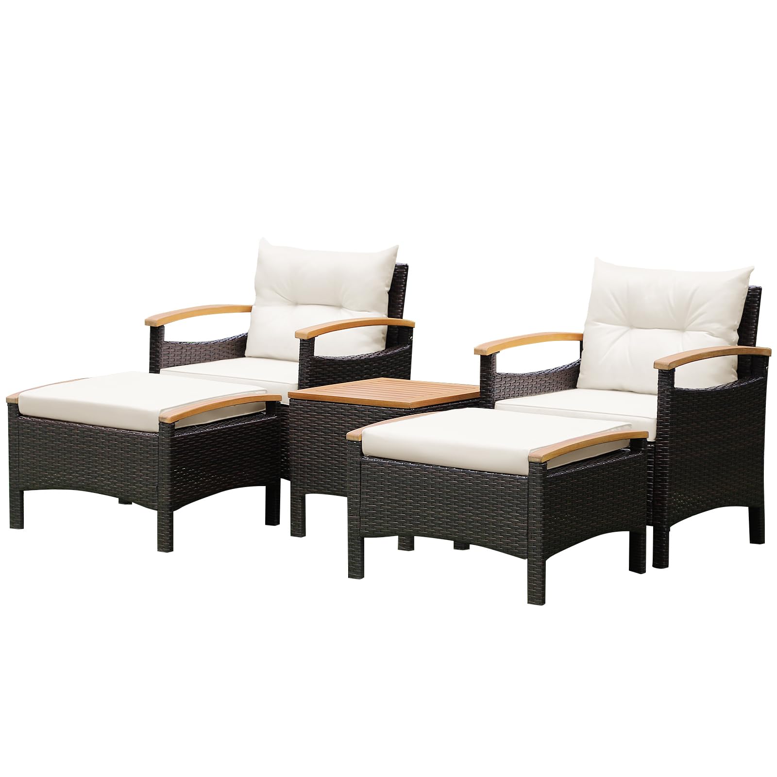 LIFEZEAL Juego de Muebles de Ratán, 2 sillónes de jardín con 2 taburetes con Cojines extraíbles, reposabrazos de Madera de Acacia, 2 Sofás Individual y Mesa de Centro para 2-4 Personas (5 Piezas)
