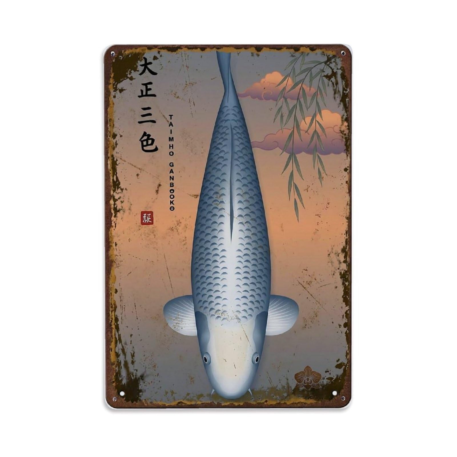Dusk Pond Koi Metal Tin Sign Plaque Wall Decor for Cafe, Club Bar, Office, Home Garden Metal Poster 8x12Inch