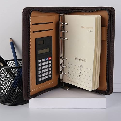 Miniatura 5 de Cartera de cuero con cremallera, organizador de bloc de notas, carpeta de presupuesto con calculadora y anillos de hojas sueltos, carpeta de