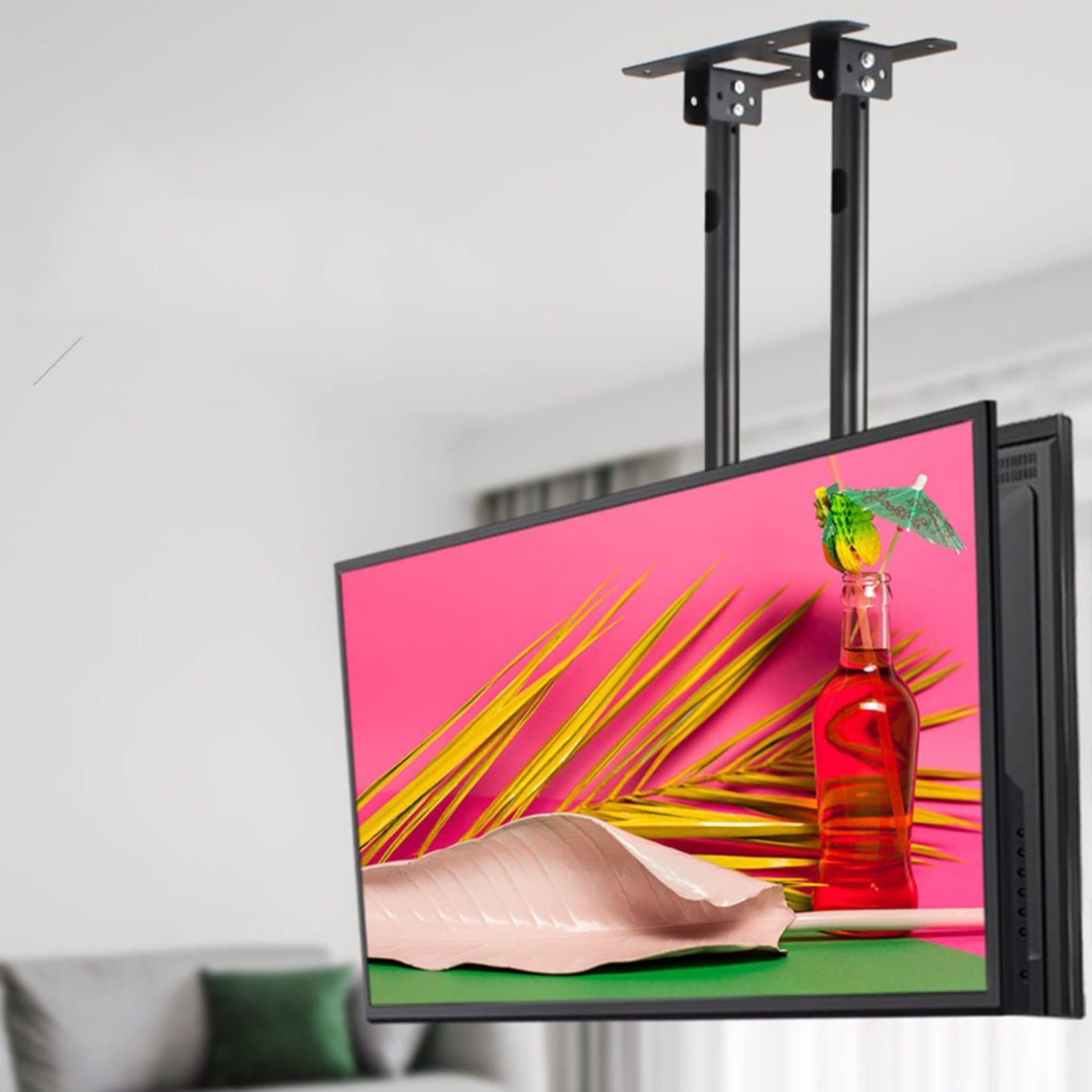 HPTHLY 2 Sided Ceiling Tv Lift - Adjustable Height Double Pole Single Screen Tv Mount Tilt Telescopic Ceiling Tv Mount Bracket Fits 60-100 Inch Low Profile Tvs,Black