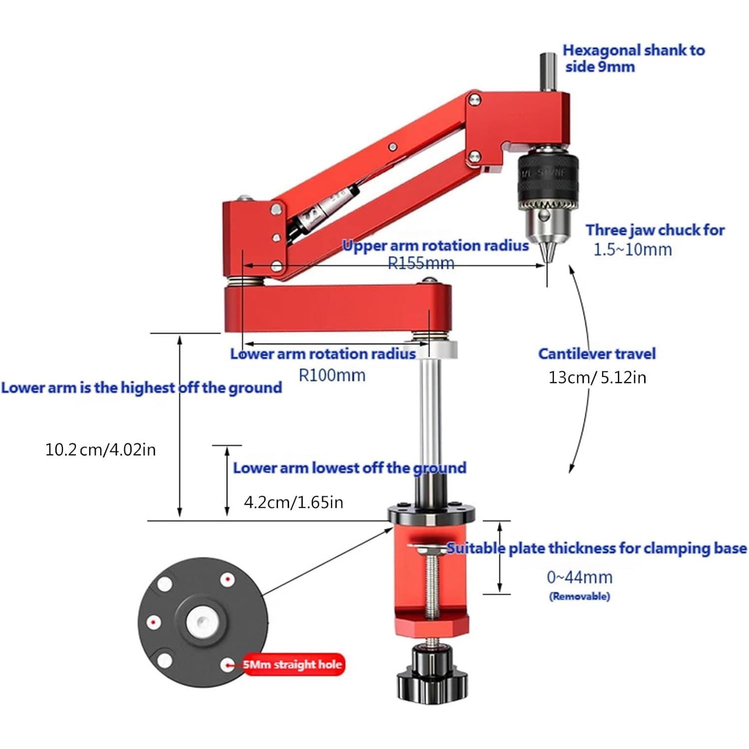 Manuelle Gewindeschneidvorrichtung Mit Ausleger, Gewindeschneidmaschine Mit Ausleger, Mit Spannzange Für 1,5–10 Mm, 130 Mm Hub, Mit Verstellbarem Arm, Befestigung Mit Klemme/schraube, Für