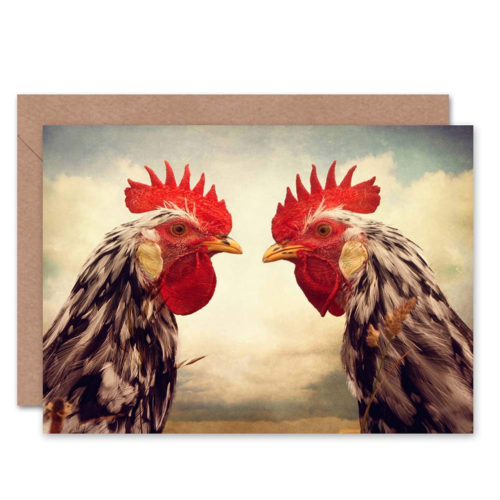 Wee Blue Coo Blue Wee Coo Rooster Face Off Chicken Birthday Art Sealed Greeting Card Plus Envelope Blank Inside