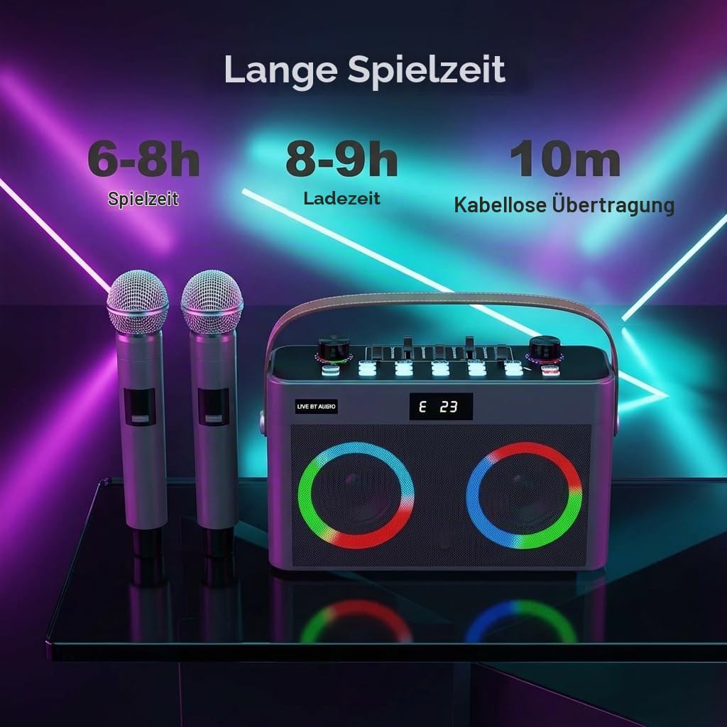 MT-VIKI Audio Mixer Bluetooth Karaoke Maschine Lautsprecher mit 2 drahtlosen Mikrofonen + Handschlaufe, LED-Lichter, TF-Karte, AUX-in für Home Party, Picknick, Auto, Outdoor/Indoor