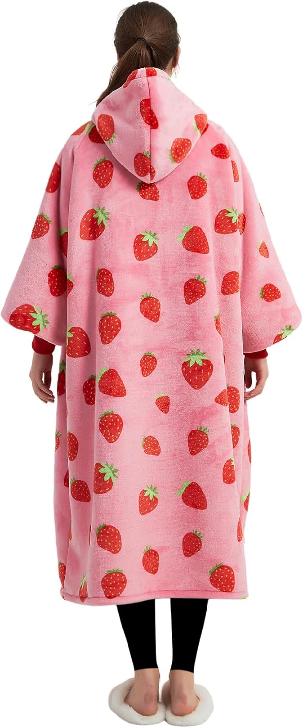 KFUBUO Wearable Blanket Hoodie for Adult Long Sherpa Strawberry Patterns Oversized Sweatshirt Blanket with Pockets Birthday Gifts for Women - Image 2