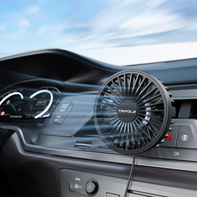 TriPole Car Fan USB Powered - Powerful 3 Speed, Portable Cooling Clip Fan for Car Vent